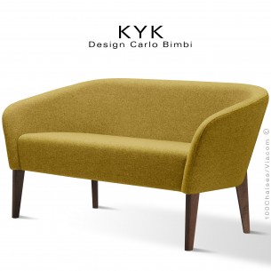 Banquette ou canapé KYK pieds bois, assise et dossier garnis, habillage tissu tissé synthétique Medley couleur jaune.