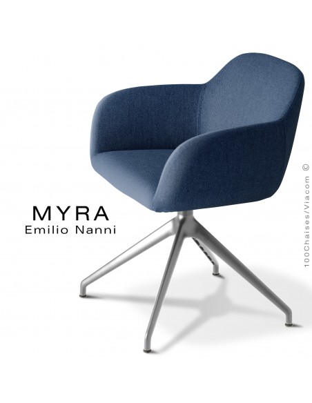 Fauteuil de bureau MYRA, piétement aluminium brillant, assise pivotante, habillage tissu Medley couleur bleu foncé.