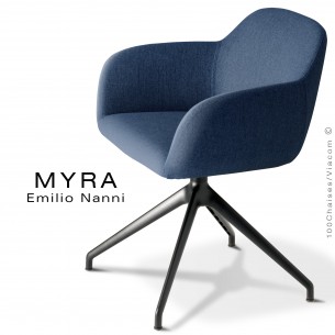 Fauteuil de bureau MYRA, piétement aluminium noir, assise pivotante, habillage tissu Medley couleur bleu foncé.