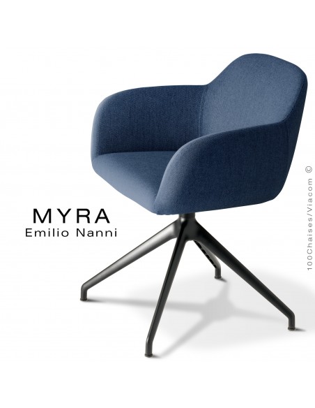 Fauteuil de bureau MYRA, piétement aluminium noir, assise pivotante, habillage tissu Medley couleur bleu foncé.
