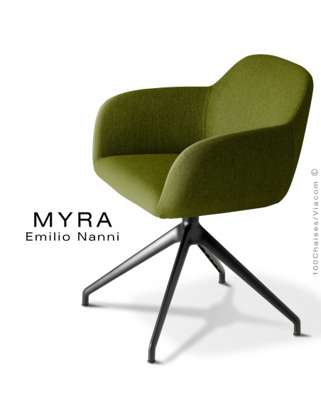 Fauteuil de bureau MYRA, piétement aluminium noir, assise pivotante, habillage tissu Medley couleur kaki.