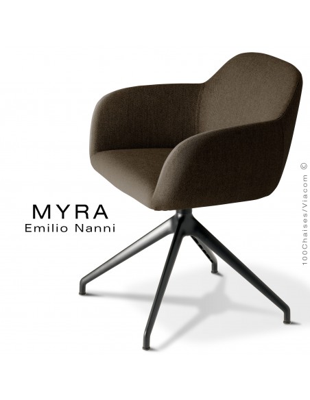 Fauteuil de bureau MYRA, piétement aluminium noir, assise pivotante, habillage tissu Medley couleur marron.