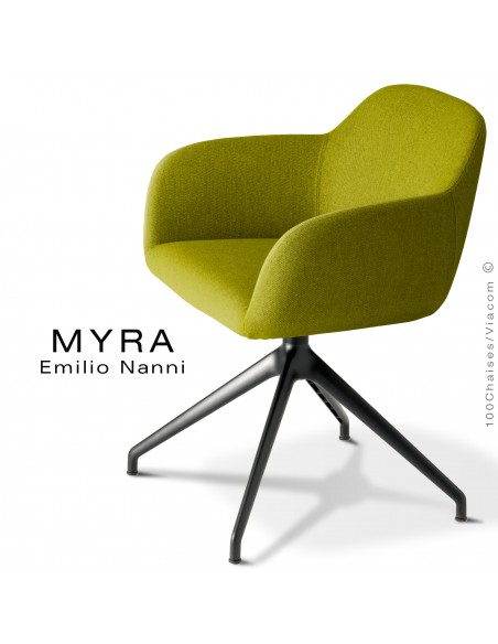 Fauteuil de bureau MYRA, piétement aluminium noir, assise pivotante, habillage tissu Medley couleur vert.