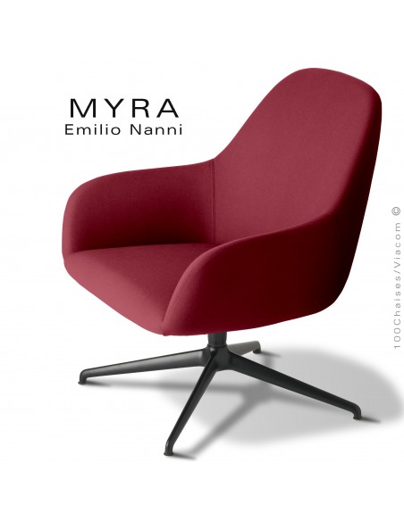 Fauteuil lounge MYRA, assise et dossier garnis, habillage tissu rouge vin, piétement étoile aluminium noir foncé opaque.