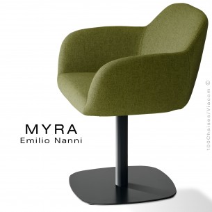 Fauteuil confort MYRA, assise et dossier garnis, habillage tissu Medley, couleur kaki, colonne centrale acier peint noir.