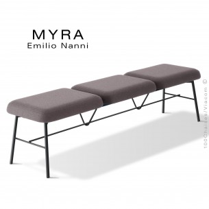 Banc d'attente confort MYRA, assise 3 places, piétement acier peint, assise mousse, habillage tissu Medley gris.
