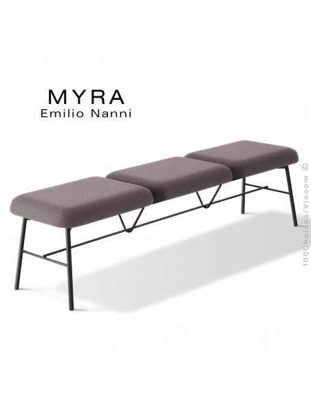 Banc d'attente confort MYRA, assise 3 places, piétement acier peint, assise mousse, habillage tissu Medley gris.