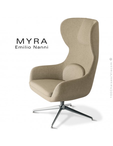 Fauteuil confort ou bergère MYRA, assise et dossier garnis, habillage tissu corde, piétement étoile aluminium brillant.