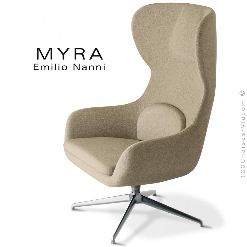 Fauteuil confort ou bergère MYRA, assise et dossier garnis, habillage tissu corde, piétement étoile aluminium brillant.