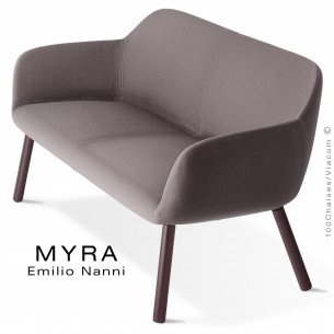 Banquette confort design MYRA, assise et dossier garnis, habillage gamme Medley, piétement bois hêtre brun.