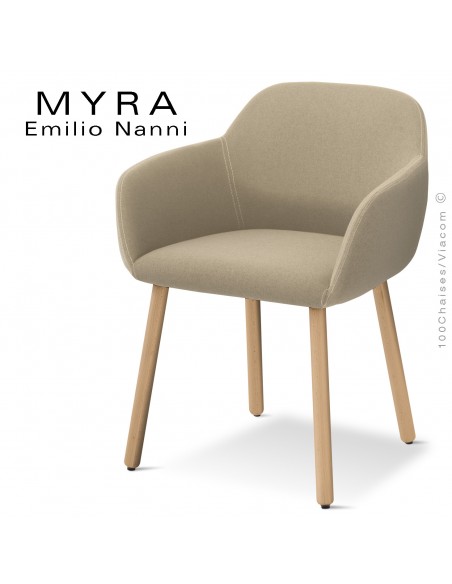 Fauteuil confort design pour CHR, gamme MYRA, piétement bois, assise et dossier tissu gamme Medley.