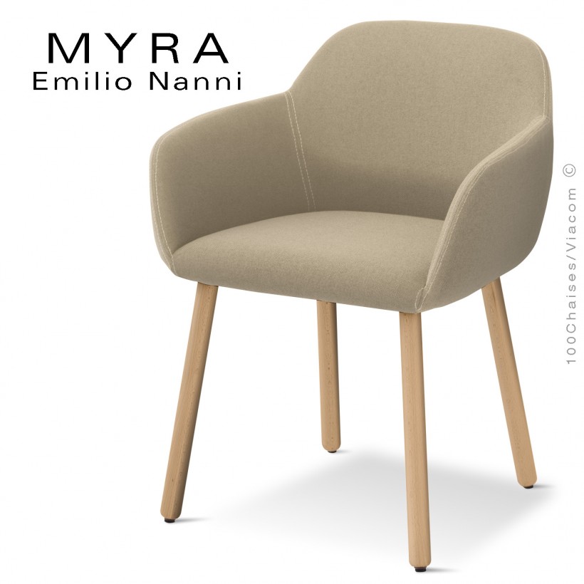 Fauteuil confort design pour CHR, gamme MYRA, piétement bois, assise et dossier tissu gamme Medley.