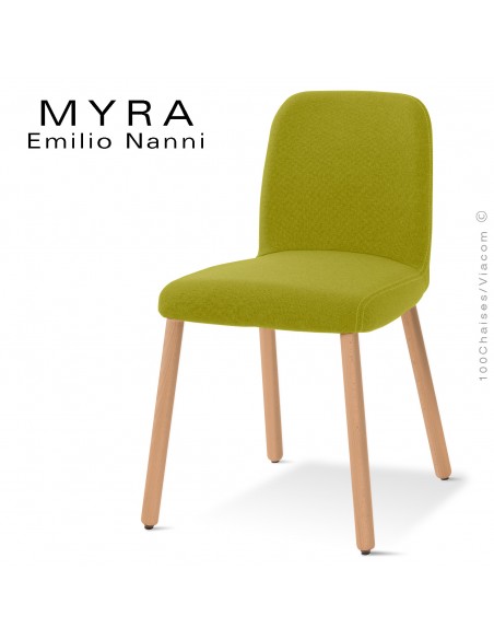 Chaise design MYRA, piétement bois vernis, assise et dossier habillage tissu Medley, couleur vert.