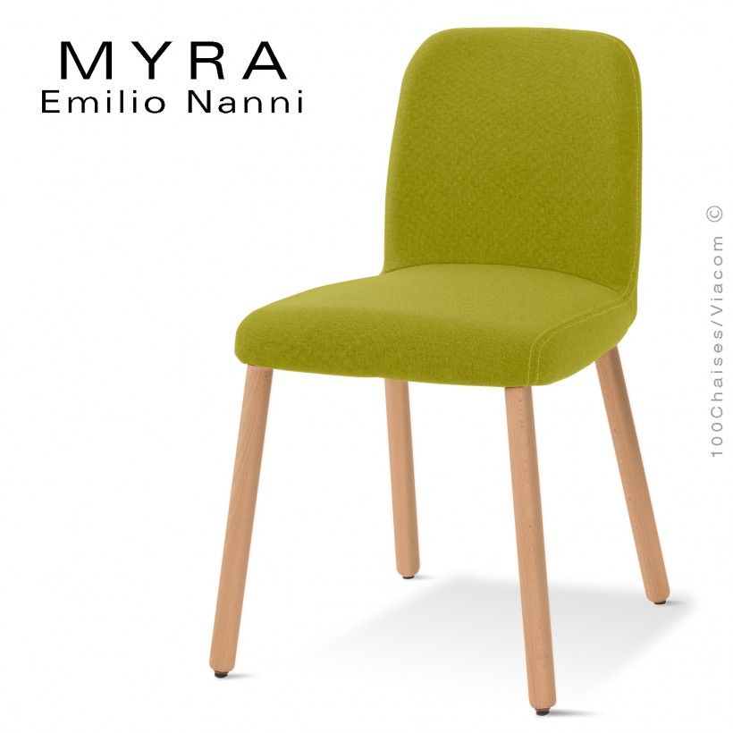 Chaise design MYRA, piétement bois vernis, assise et dossier habillage tissu Medley, couleur vert.