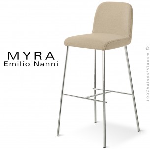Tabouret de bar design MYRA, piétement acier peint ou chromé brillant, assise et dossier tissu gamme Medley de Gabriel.