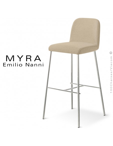 Tabouret de bar design MYRA, piétement acier peint ou chromé brillant, assise et dossier tissu gamme Medley de Gabriel.
