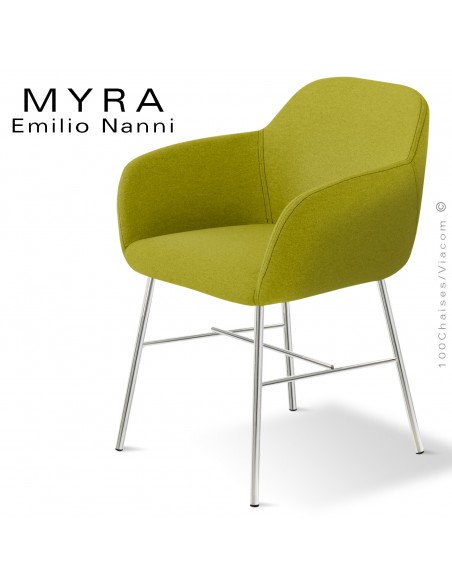 Fauteuil repas pour CHR collection MYRA, piétement acier peint ou chromé brillant, assise mousse plus tissu tissé Medley.