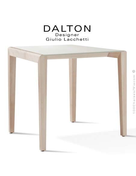 Table design DALTON, piétement bois de Frêne vernis, plateau compact HPL couleur blanc.