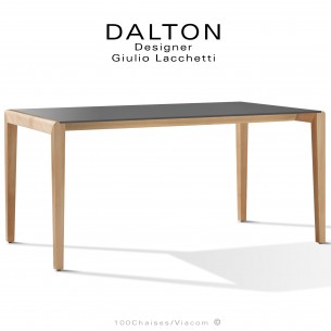 Table repas ou bureau design MYRA, piétement bois de Frêne massif vernis, plateau compact HPL, couleur.