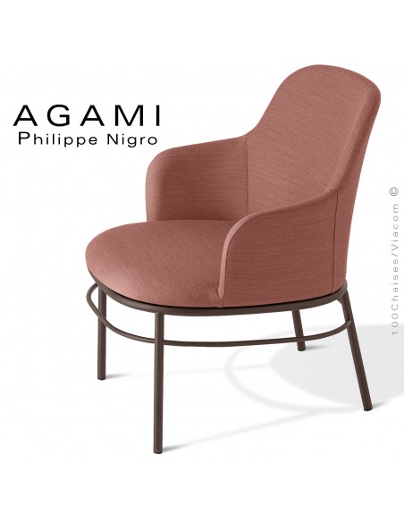 Fauteuil confort lounge design AGAMI, piétement tube d'acier peint ou chromé brillant, assise mousse + tissu Medley.