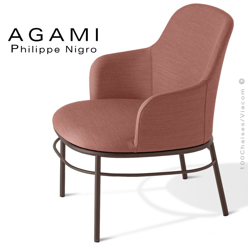 Fauteuil confort lounge design AGAMI, piétement tube d'acier peint ou chromé brillant, assise mousse + tissu Medley.