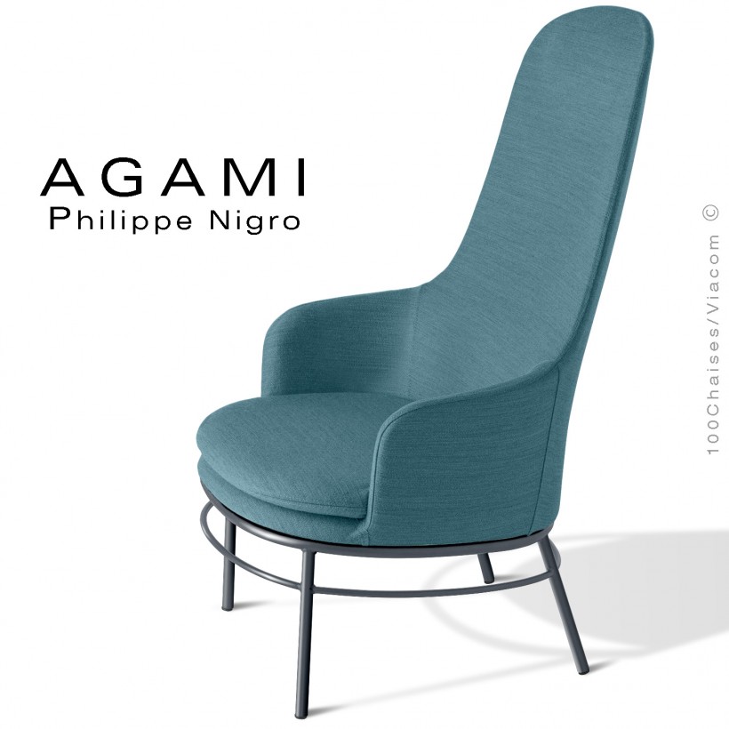 Bergère lounge design AGAMI, piétement acier peint, assise et dossier garnies avec sangle, habillage gamme Medley.