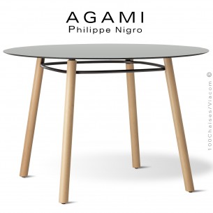 Table repas pour CHR ou collectivités, collection AGAMI, design Philippe NIGRO, piétement bois de hêtre, plateau Compact.