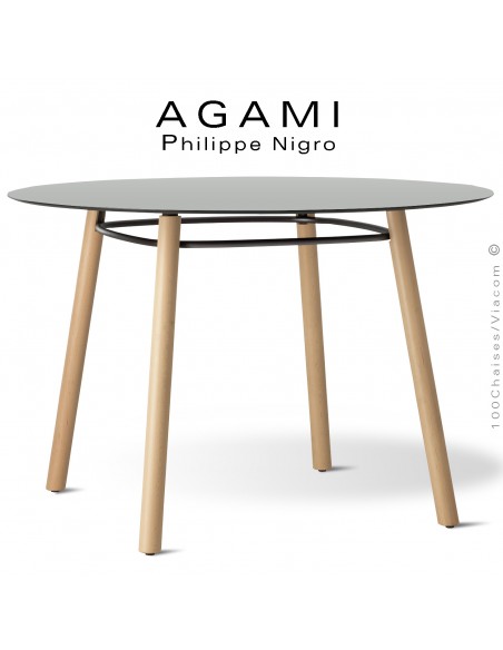Table repas pour CHR ou collectivités, collection AGAMI, design Philippe NIGRO, piétement bois de hêtre, plateau Compact.