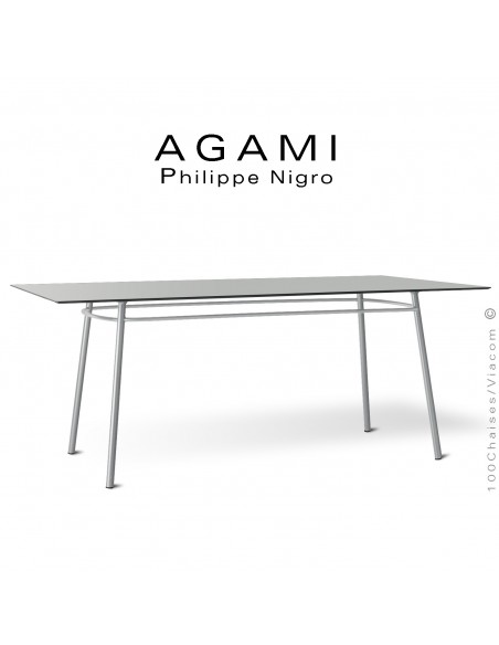 Grande table repas pour extérieur et terrasse collection AGAMI, design Philippe Nigro, piétement acier peint.