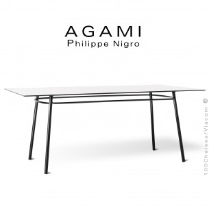 Grande table repas pour extérieur et terrasse collection AGAMI, piétement acier peint noir, plateau blanc.