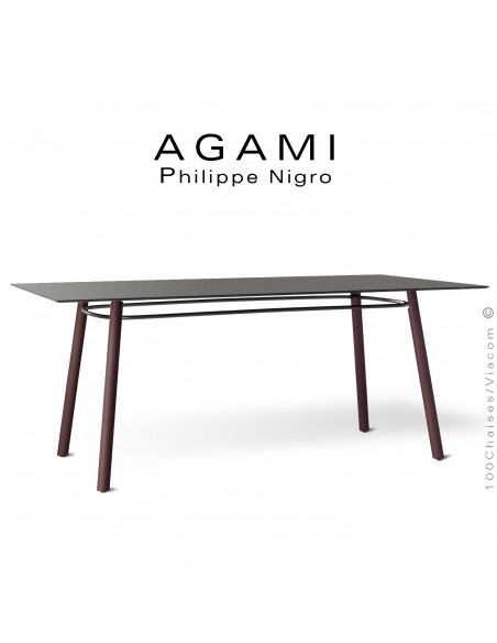 Table repas ou grand bureau design AGAMI, piétement bois vernis brun, plateau compact anthracite.