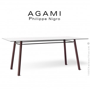 Table repas ou grand bureau design AGAMI, piétement bois vernis brun, plateau compact blanc.