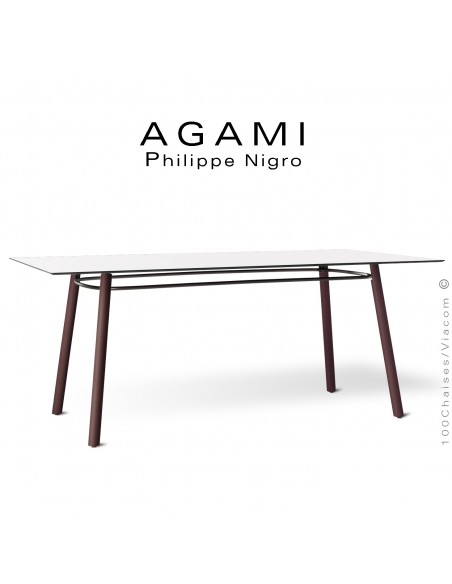 Table repas ou grand bureau design AGAMI, piétement bois vernis brun, plateau compact blanc.