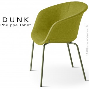 Fauteuil confort design DUNK, piétement acier peint ou chromé, assise dossier et accoudoirs garnis habillage tissu.
