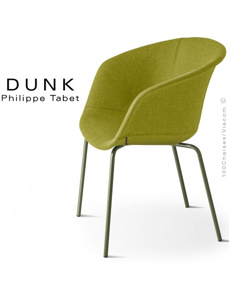 Fauteuil confort design DUNK, piétement acier peint ou chromé, assise dossier et accoudoirs garnis habillage tissu.