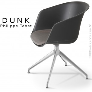 Fauteuil de bureau confort pivotant DUNK, piétement fonte d’aluminium brillant, assise plastique couleur avec coussin.