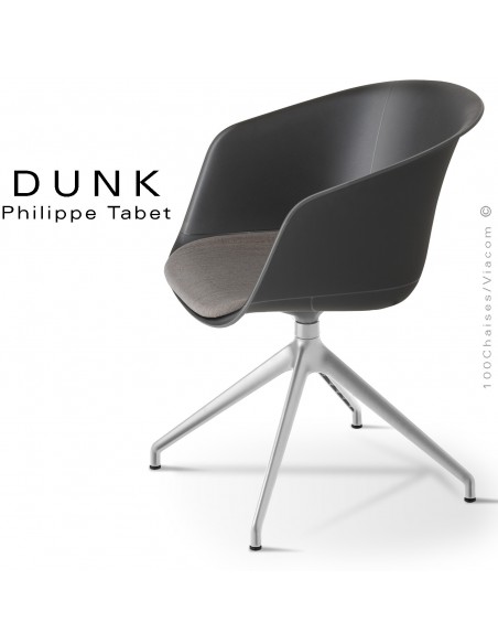 Fauteuil de bureau confort pivotant DUNK, piétement fonte d’aluminium brillant, assise plastique couleur avec coussin.
