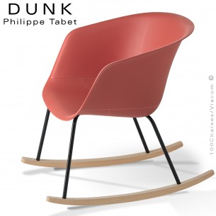 Fauteuil à bascule rocking chair DUNK, structure acier peint et bois massif de hêtre vernis, assise plastique couleur.