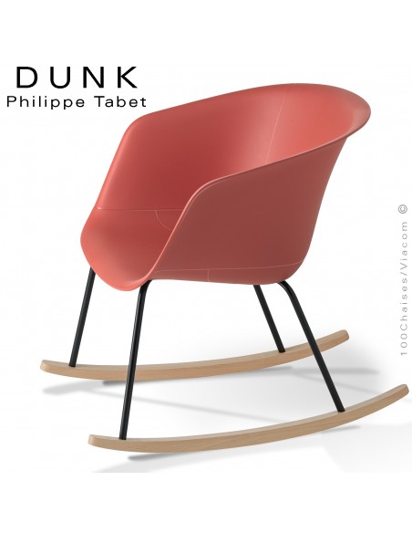 Fauteuil à bascule rocking chair DUNK, structure acier peint et bois massif de hêtre vernis, assise plastique couleur.