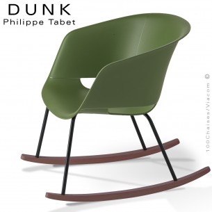 Fauteuil à bascule rocking chair DUNK, structure acier peint et bois massif de hêtre vernis, assise plastique couleur.