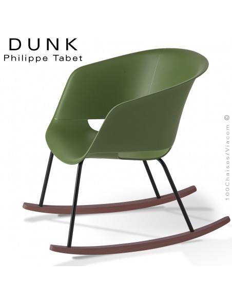 Fauteuil à bascule rocking chair DUNK, structure acier peint et bois massif de hêtre vernis, assise plastique couleur.