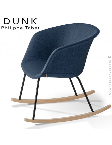 Fauteuil à bascule ou rocking chair confort DUNK, structure acier peint et bois vernis, assise mousse plus tissu Medley.