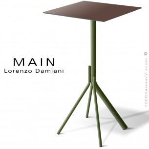 Table haute ou mange debout design MAIN, piétement 4 branches acier peint vert olive, plateau compact marron.