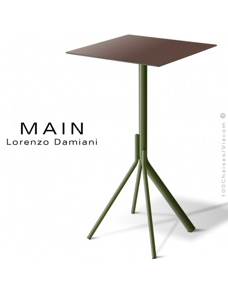 Table haute ou mange debout design MAIN, piétement 4 branches fantaisie en acier peint, plateau compact.