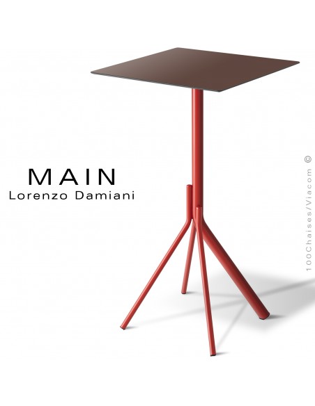 Table haute ou mange debout design MAIN, piétement 4 branches acier peint rouge, plateau compact moka.