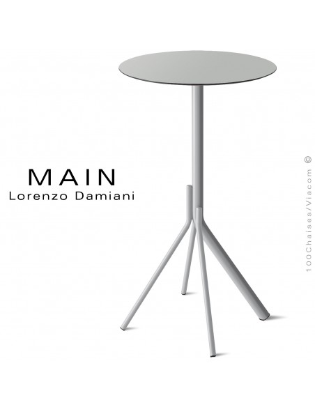 Table haute ou mange debout ronde design MAIN, piétement 4 branches acier peint, plateau rond compact pour extérieur.