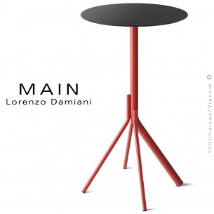 Table haute ou mange debout design MAIN, piétement 4 branches acier peint rouge, plateau rond couleur noir.