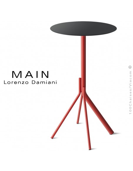 Table haute ou mange debout design MAIN, piétement 4 branches acier peint rouge, plateau rond couleur noir.