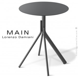 Table repas CHR, originale MAIN, piétement 4 branche acier peint, plateau rond Ø60, 70, 80, 90 cm. Compact couleur.