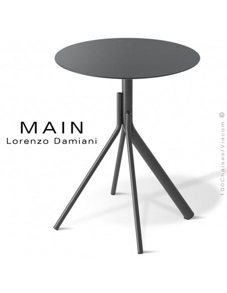 Table repas CHR, originale MAIN, piétement 4 branche acier peint, plateau rond Ø60, 70, 80, 90 cm. Compact couleur.